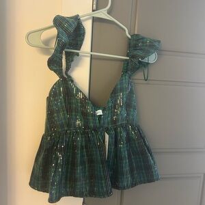 Green Plaid Sequin Top